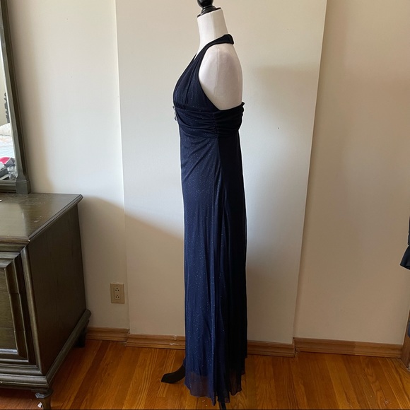 Vintage Y2K glitter blue stretchy halter top gown prom dress buckle - Picture 5 of 11
